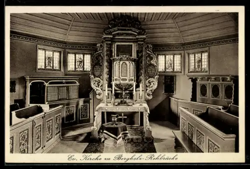 AK Bergholz-Rehbrücke, Ev. Kirche, Innenansicht, Altar, Empore