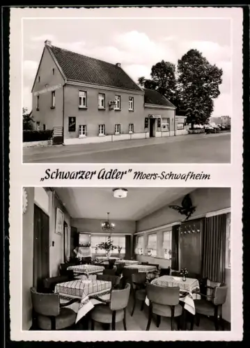 AK Moers-Schwafheim, Hotel-Restaurant Schwarzer Adler, Bes. Anneliese Schmidt, Bundesstrasse 57, Aussenansicht, Gastraum