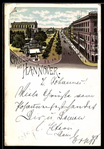 Lithographie Hannover, Strassenansicht mit Opernhaus und Promenade