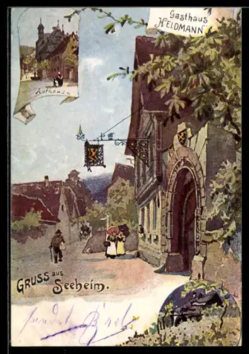 Lithographie Seeheim, Gasthaus Heldmann, Rathaus