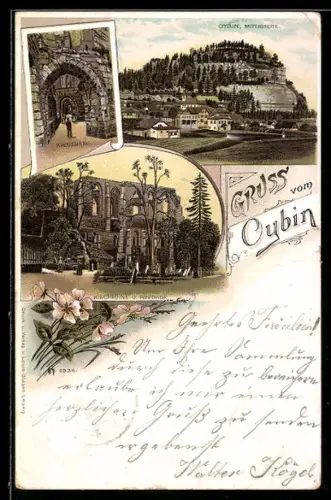 Lithographie Oybin, Mittelseite, Kirchhof, Klosterruine