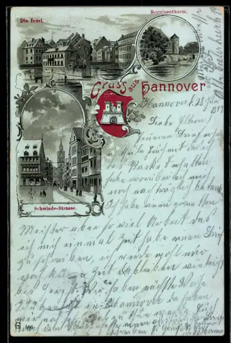 Lithographie Hannover, Die Insel, Begnienturm, Schmiede-Strasse