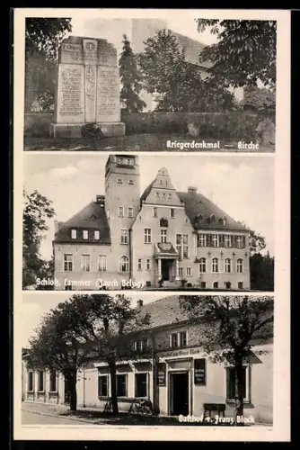 AK Cammer /Zauch-Belzig, Kriegerdenkmal, Schloss, Gasthof z. Franz Block