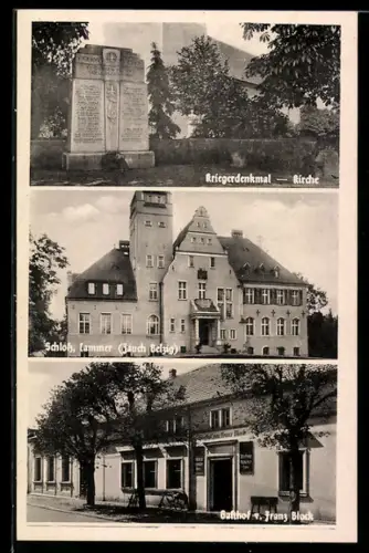 AK Cammer /Zauch-Belzig, Kriegerdenkmal, Schloss, Gasthof z. Franz Block