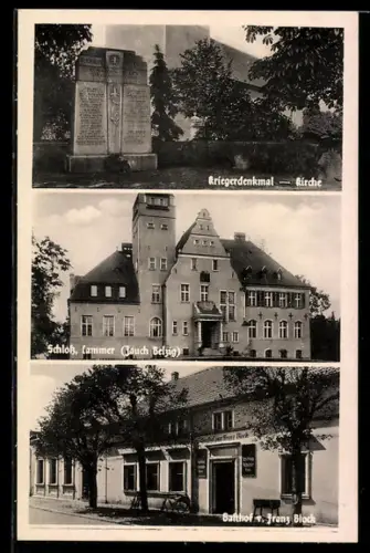 AK Cammer /Zauch-Belzig, Kriegerdenkmal, Kirche, Schloss, Gasthof z. Franz Block