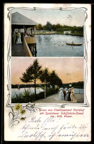 AK Berlin-Charlottenburg, Gasthaus Carlshof am Schifffahrts-Canal, Inh. Wilh. Wiemer, Terrasse, Spazierweg