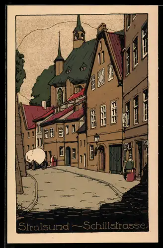Steindruck-AK Stralsund, Schillstrasse