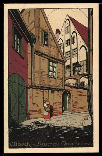 Steindruck-AK Lübeck, Krumme Querstrasse