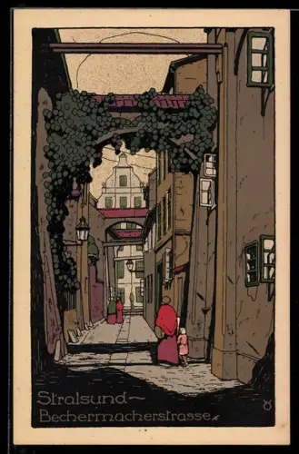 Steindruck-AK Stralsund, Bechermacherstrasse