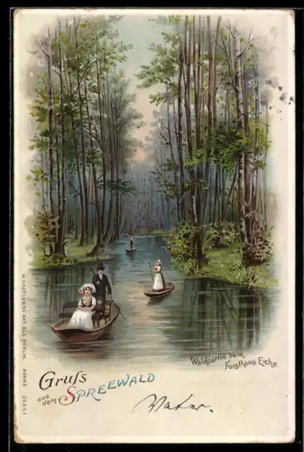 Lithographie Spreewald, Waldpartie beim Forsthaus Eiche