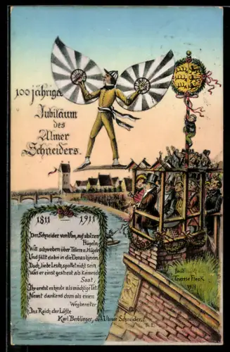 Künstler-AK sign. Therese Flock: Ulm, 100jähriges Jubiläum des Ulmer Schneiders, Flugversuch 1811, Ortsansicht
