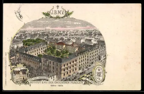 Lithographie Nürnberg, Institut B.M.V. der Englischen Fräulein, 1854-1904, Erziehungshaus, Klostergebäude