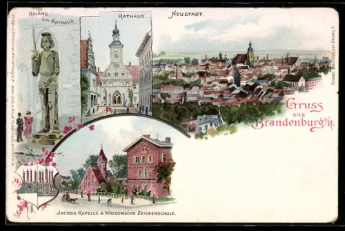 Lithographie Brandenburg, Roland am Rathaus, Jacobs Kapelle & Wredowsche Zeichenschule