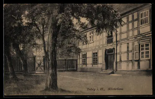 AK Belzig i. M., Küsterhaus, Aussenansicht mit Bäumen