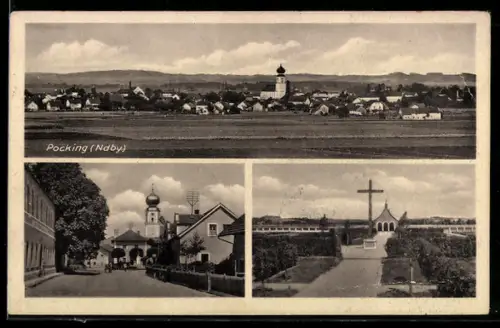 AK Pocking, Strassenpartie mit Kirche, Ortsansicht