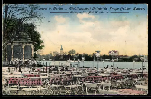 AK Treptow b. Berlin, Gasthof Friedrich Knape, Aussenbereich für Gäste