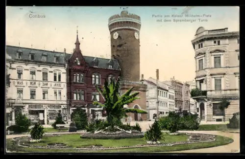 AK Cottbus, Partie am Kaiser Wilhelm-Platz mit dem Spremberger Turm