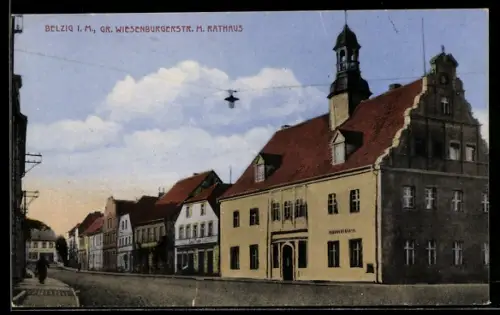 AK Belzig i. M., Partie in der Gr. Wiesenburgerstrasse mit Rathaus