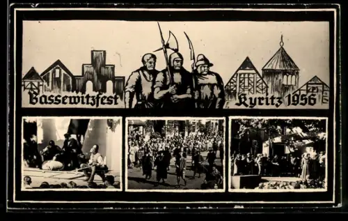 AK Kyritz, Volksfest Bossewitzfest, Nachtwächter vor Ortssilhouette, Festpostkarte 1956