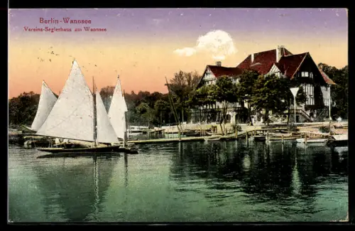 AK Berlin-Wannsee, Vereins-Seglerhaus mit Segelbooten