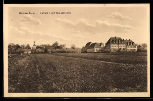 AK Welzow /N.-L., Schule I mit Kreuzkirche und Umgebung