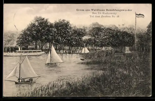 AK Berlin, Gasthaus Rauchfangswerder in der Aussenansicht mit Segelbooten, Bes. Ed. Rudkowsky