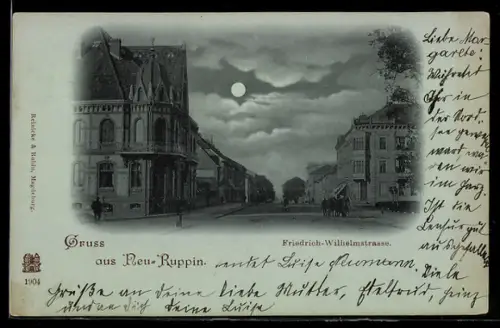 Mondschein-AK Neu-Ruppin, Blick in die Friedrich-Wilhelmstrasse