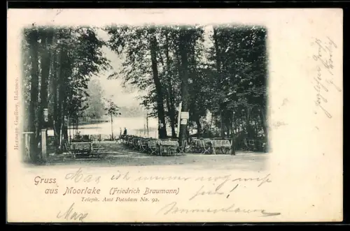 AK Berlin-Wannsee, Forsthaus Moorlake, Bes. friedrich Braumann, Terrasse mit Seeblick