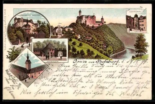 Lithographie Rochsburg, Pulverturm, Thorhaus, Treppenhaus