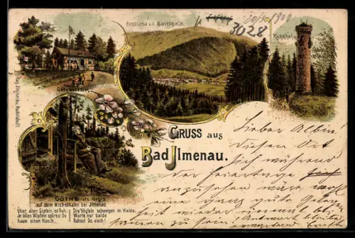 Lithographie Bad Ilmenau, Panorama v. d. Marienquelle, Kickelhahn, Gabelbachhaus