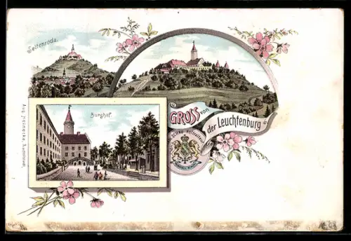 Lithographie Kahla, Leuchtenburg mit Seitenroda & Burghof