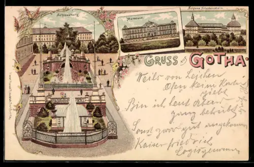 Lithographie Gotha, Schlossberg, Musem, Schloss Friedenstein