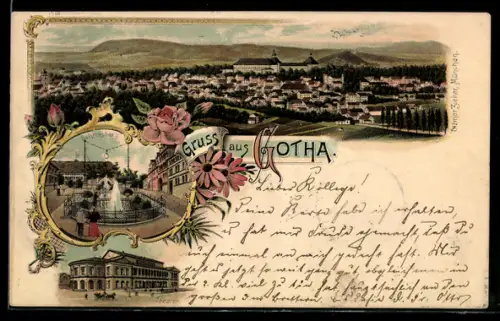 Lithographie Gotha, Theater, Schlossberg, Stadtpanorama