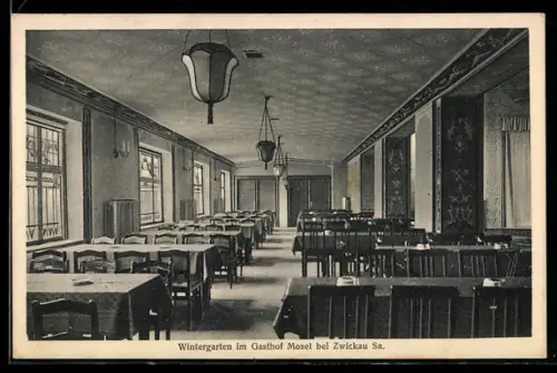 AK Zwickau /Sa., Gasthof Mosel, Wintergarten, Innenansicht