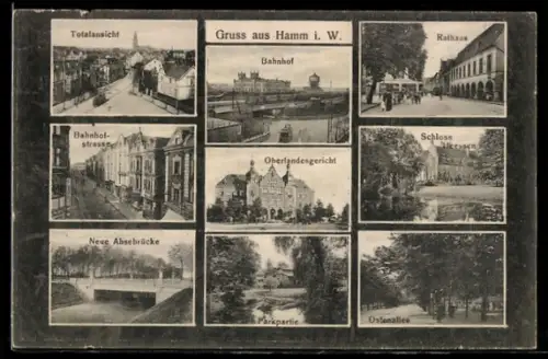 AK Hamm i. W., Schloss, Bahnhof, Bahnhofstrasse