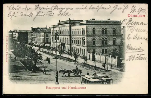 AK Düsseldorf, Hauptpost und Haroldstrasse mit Strassenbahn