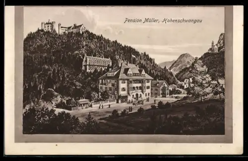 Künstler-AK Hohenschwangau, Pension Müller mit Schloss