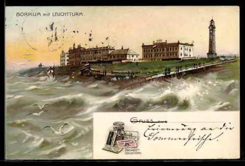 Lithographie Borkum, Teilansicht mit Leuchtturm bei rauer See