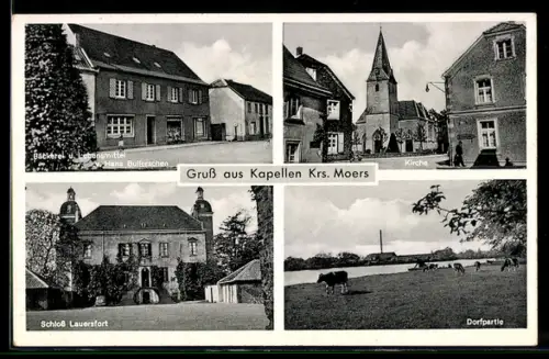 AK Kapellen, Bäckerei und Lebensmittelgeschäft von Hans Bullerschen, Schloss Lauersfort, Kirche