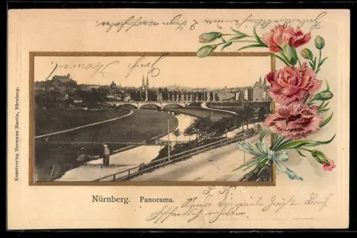 Passepartout-Lithographie Nürnberg, Panorama mit Brücke, Nelken