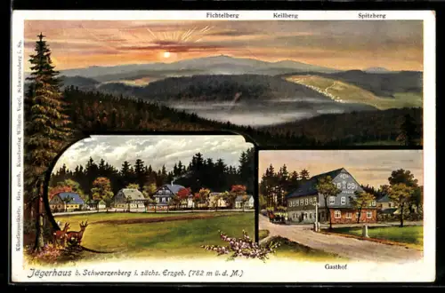 Künstler-AK Schwarzenberg / Sachsen, Gasthof Jägerhaus und Berglandschaft mit Fichtelberg