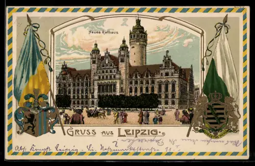 Passepartout-Lithographie Leipzig, Blick auf das Rathaus, Sächsisches und Leipzigiger Wappen
