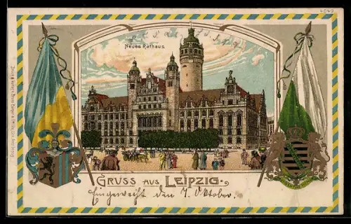 Lithographie Leipzig, Neues Rathaus, Fahnen und Wappen der Stadt und Sachsens