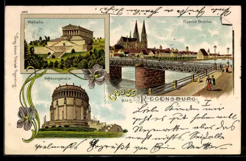 Lithographie Regensburg, Eiserne Brücke, Befreiungshalle & Walhalla