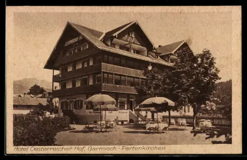 AK Garmisch-Partenkirchen, Hotel Oesterreichischer Hof mit Garten und Bergblick