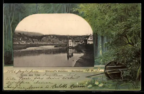 Lithographie Trier, Blick aufs Weishaus, Martinsbad, Uferpartie mit Boot, Passepartout