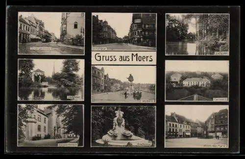 AK Moers, Hombergerstrasse mit Kaufhaus Germania, Kreisständehaus, Alter Markt