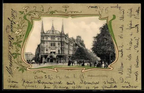 Lithographie Köln-Neustadt, Hohenzollernring mit Passanten, Blumen, Passepartout