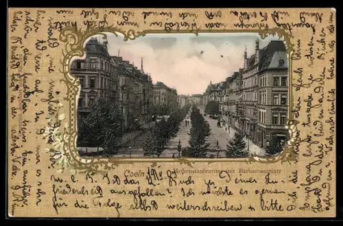 Lithographie Köln-Neustadt, Hohenstaufenring mit Barbarossaplatz, Gänseblumen, Passepartout