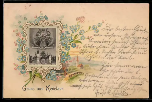 Lithographie Kevelaer, Kirche mit Gnadenbild, Vergissmeinnicht, Passepartout
